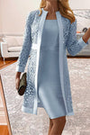 Elegant Solid Lace Hollowed Out Long Sleeve Two Pieces(8 Colors) Shift Dresses