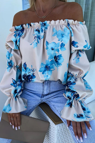 Sexy Print Flowers Fold Contrast Off the Shoulder Tops