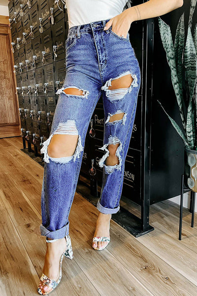 Casual Solid Ripped Pocket High Waist Loose Denim Jeans