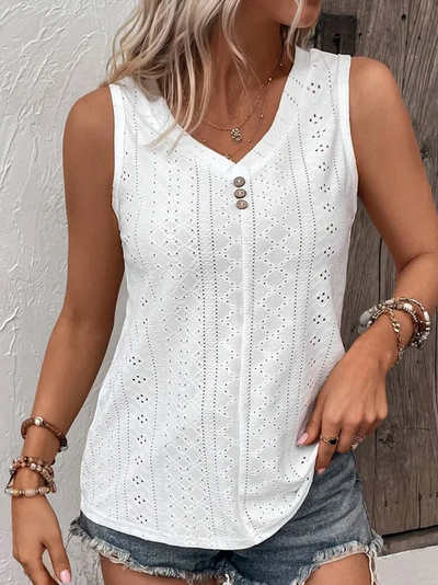 Loose V Neck Casual Buttoned Eyelet Embroidery Front Tank Top Vests