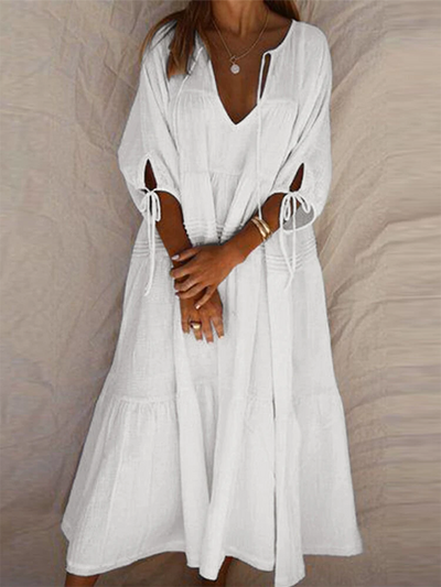 Half Sleeve V Neck Linen Slit Dress