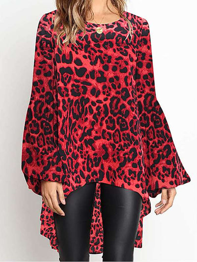 Fashion Leopard Print Round Neck Irregular Mini Dresses