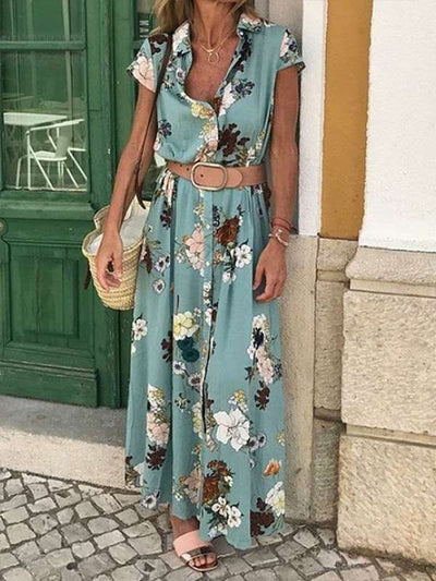 Floral Printed Short Sleeve Lapel Belt Maxi Dresses