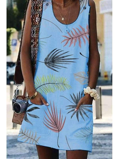 Round Neck Printed Sleeveless Casual Shift Dresses