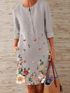 Gray Printed Floral Long Sleeve Midi Dresses
