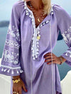 Purple Tribal Cotton-Blend Shift Long Sleeve Dresses