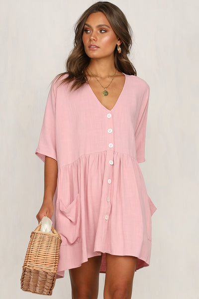 Summer Solid Color Casual Loose Pockets Mini Dress