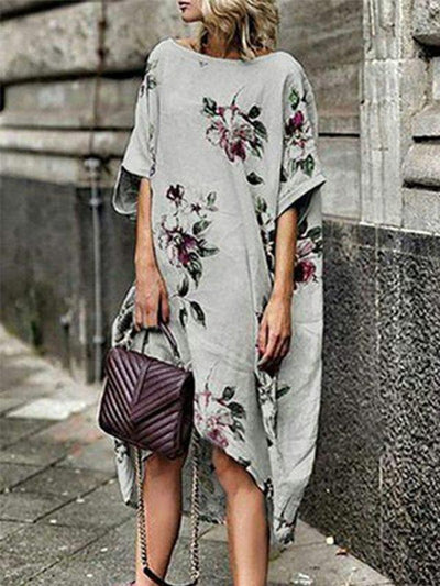Round Collar Loose Casual Printed Shift Dresses