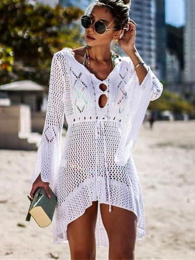 Hollow Knit Crocheted Flared Sleeve Bikini Suntan Dress