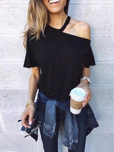 Sexy One Shoulder Plain Loose T-Shirts