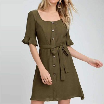 Pure Round neck Single-breasted Lacing Shift Dresses