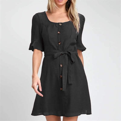 Pure Round neck Single-breasted Lacing Shift Dresses