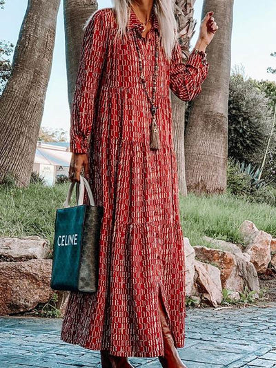 Turn down neck women Printed Bohemian maxi dresses with slit up skirt