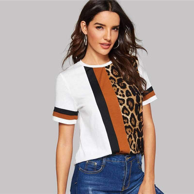 Women Gored Leopard print Short sleeve T-Shirts