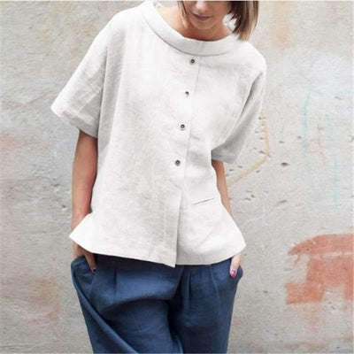 Casual Loose Cotton  Fastener Short sleeve Blouses
