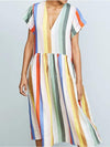Fashion V-neck Colorful Striped Maxi Dresses