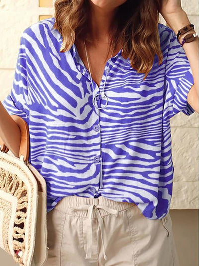 Zebra Stripe Printed Turn Down Collar Short Sleeve Blouses