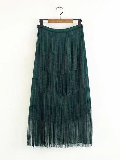Woman Fashion Green Tassels Skirt
