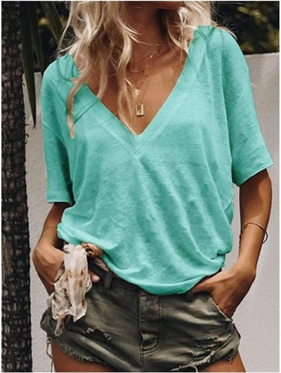 Casual Pure V neck Short sleeve T-Shirts