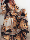Vintage Printed V-neck long sleeves wide hem maxi dresses