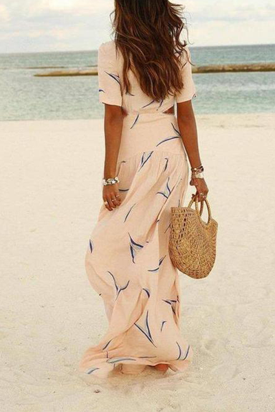 Vacation Print Hollowed Out V Neck A Line Maxi Dresses