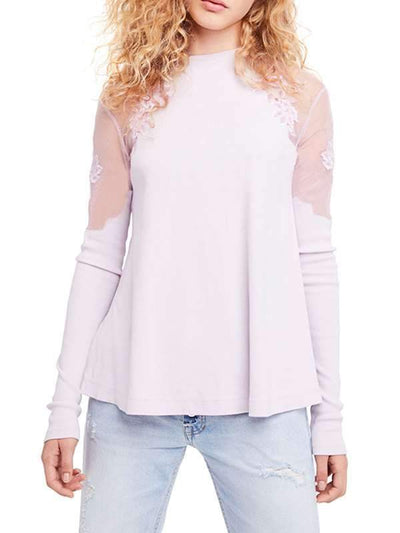 Sexy Lace Flowers Round Neck Long Sleeve T-shirts Top