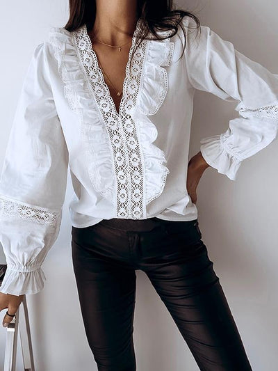 Women fashion v neck lace decoration long sleeve blouses