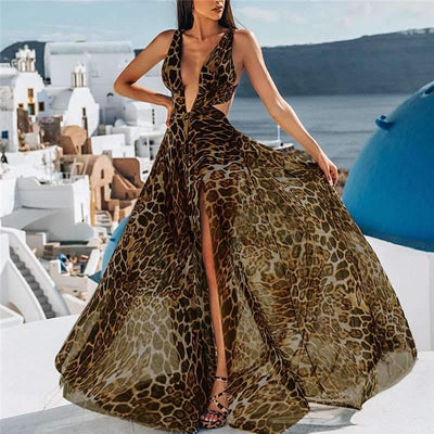 Sexy V neck Leopard print Vest Vacation Dresses