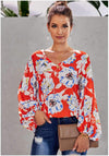 Loose V neck Puff sleeve Print Blouses