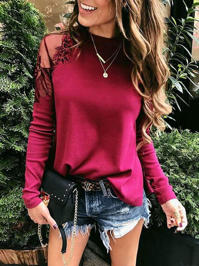 Sexy Lace Flowers Round Neck Long Sleeve T-shirts Top