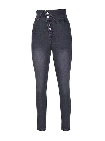 Fashion Button stretch high waist lapel pencil jeans