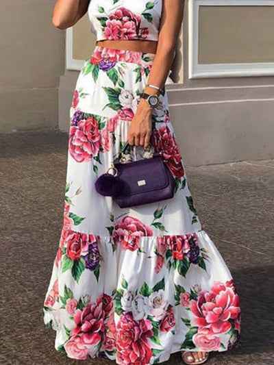 Fashion Floral Printedbig hem two pieces suit women maxi vacation dresses