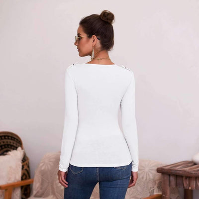 Sexy Pure V neck Fastener Long sleeve T-Shirts