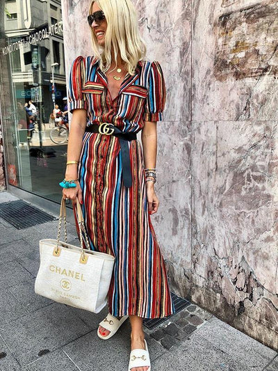 Fashion Chic Women Printed Colorful Stripe Turn down collar Maxi Dresses