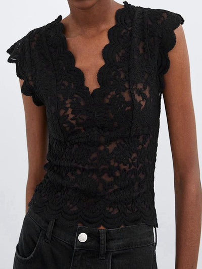 Sexy V Neck Hollow Out Splicing Sleeveless Lace Blouse