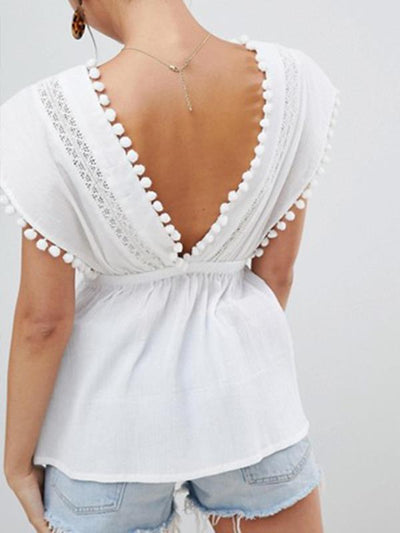 Solid color v-neck lace patchwork cut-out v-back sexy T-shirts