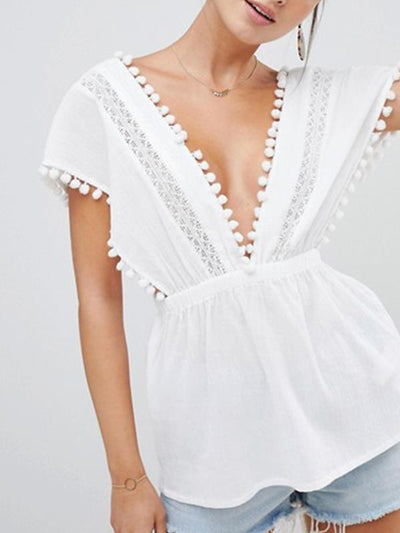 Solid color v-neck lace patchwork cut-out v-back sexy T-shirts