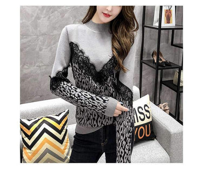 Fashion round neck lace stitching leopard sweater