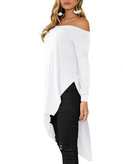 Fashion Off Shoulder Plain Color Long-sleeved Shirt with Irregular Hem