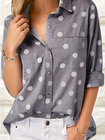 Fold Over Collar Single Breasted Patchwork Polka Dot Blouses