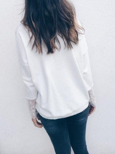 V Neck Lace Sleeve Plain Long Sleeve Woman Daily T-shirt