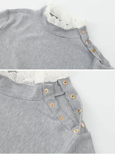 Round collar Lace Hem with shoulder button design Long Sleeve T-shirts