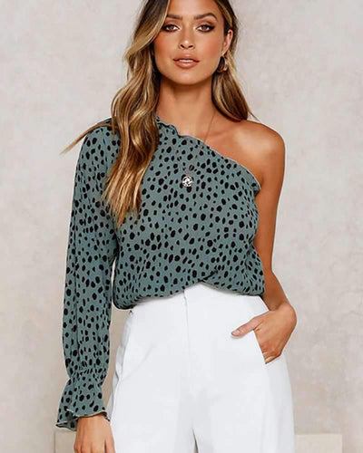 Fashion Sext Leopard print Single shoulder Long sleeve T-Shirts