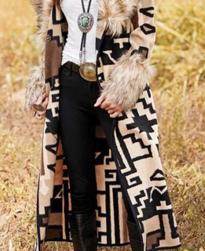Fashion Geometric patterns Fur collar Long sleeve Trench Coats