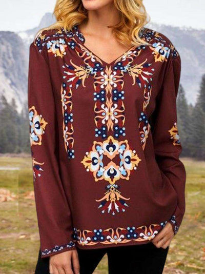 Casual Floral print V neck Long sleeve T-Shirts