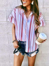 Fashion Casual Stripe Short sleeve Lapel Blouses