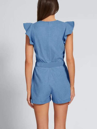 Stylish denim blue pocket flounce women's jumpsuit
