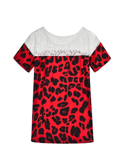 Round collar sexy lace leopard printed patchwork lady T-shirts