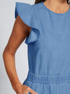 Stylish denim blue pocket flounce women's jumpsuit