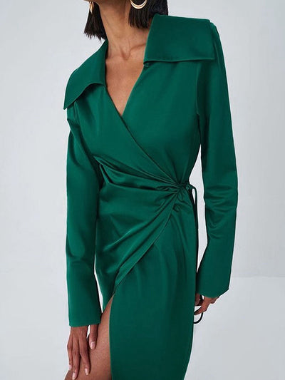 Suit collar long skirt thin green maxi dresses